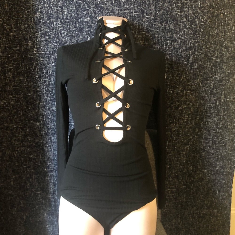 I.AM.GIA Black Lace-Up Ribbed Long Sleeve Bodysuit